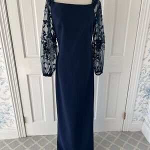 Alberto Makali size 8Navy Dress with Floral Sheer Sleeves